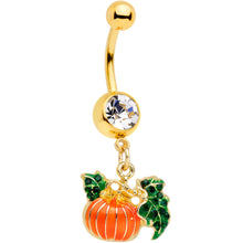 Load image into Gallery viewer, Clear Gem Gold Tone Autumn Pumpkin Halloween Dangle Belly Ring