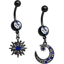 Load image into Gallery viewer, Blue Clear Gem Black Star Crescent Moon Dangle Belly Ring Set of 2