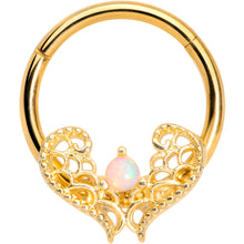 Load image into Gallery viewer, 16G 3/8 White Synth Opal Gold Tone Lace Heart Hinged Segment Ring