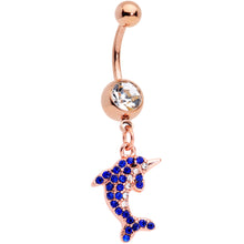 Load image into Gallery viewer, Clear Blue Gem Rose Gold Tone Dolphin Dangle Belly Ring