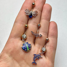 Load image into Gallery viewer, Clear Gem Gold Tone Blue Shell Dangle Belly Ring