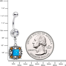 Load image into Gallery viewer, Clear Yellow Gem Blue Faux Turquoise Square Dangle Belly Ring