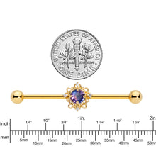 Load image into Gallery viewer, 14G Purple Tourmaline Gold Tone Filigree Industrial Barbell 38mm