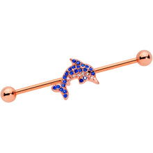 Load image into Gallery viewer, 14G Blue Gem Rose Gold Tone Dolphin Industrial Barbell 38mm