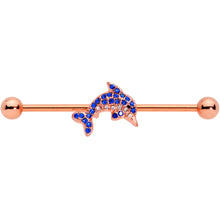 Load image into Gallery viewer, 14G Blue Gem Rose Gold Tone Dolphin Industrial Barbell 38mm