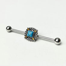 Load image into Gallery viewer, 14G Yellow Gem Blue Faux Turquoise Square Industrial Barbell 38mm