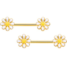 Load image into Gallery viewer, 14G 9/16 Gold Tone Happy Daisy Flower Barbell Nipple Ring Set