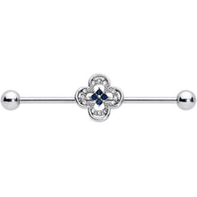 Load image into Gallery viewer, 14G Blue Gem Stylized Deco Cross Industrial Barbell 38mm