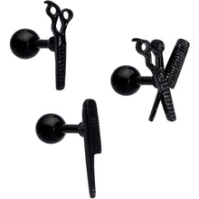 Load image into Gallery viewer, 16G 1/4 Black Scissor Comb Hair Cartilage Tragus Earring Set of 3