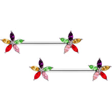 Load image into Gallery viewer, 14G 9/16 Rainbow Gem Starry Flower Barbell Nipple Ring Set