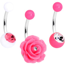 Load image into Gallery viewer, Clear Pink Gem Flower Belly Ring Set of 3