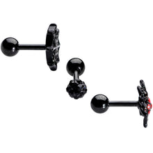 Load image into Gallery viewer, 16G 1/4 Black Red Gem Spider Halloween Cartilage Tragus Set of 3