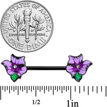 Load image into Gallery viewer, 14G 9/16 Clear Gem Black Purple Iris Flower Nipple Ring Set