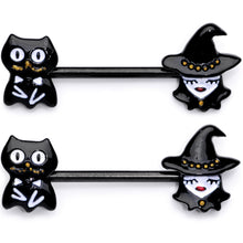Load image into Gallery viewer, 14G 9/16 Black Cat Pretty Witch Halloween Barbell Nipple Ring Set