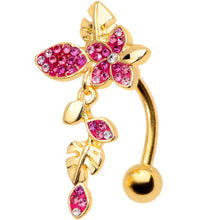 Load image into Gallery viewer, Purple Clear Gem Gold Tone Flowers Top Mount Dangle Belly Ring