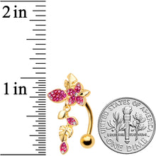 Load image into Gallery viewer, Purple Clear Gem Gold Tone Flowers Top Mount Dangle Belly Ring