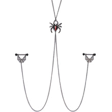 Load image into Gallery viewer, 14G 9/16 Red Gem Black Spider Web Halloween Nipple Chain Necklace