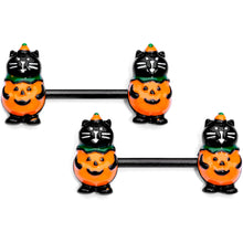Load image into Gallery viewer, 14G 9/16 Black Cat Pumpkin Halloween Barbell Nipple Ring Set