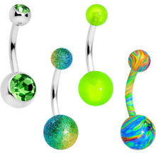 Load image into Gallery viewer, Green Gem Glow Sandblasted Multicolor Belly Ring Set of 4