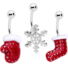 Load image into Gallery viewer, Holiday Snowflake Mitten Stocking Christmas Belly Ring Set of 3