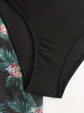 Load image into Gallery viewer, Bikini 3 Piece Tropical Print Swimsuit Set – High Stretch Comfortable Women's Bikini with Crew Neck Mesh Cover-Up – Chic Vacation Beachwear for Summer Casual Style & Poolside Glamour