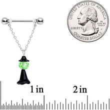 Load image into Gallery viewer, 14G 11/16 Green Gem Spooky Witch Halloween Dangle Nipple Ring Set