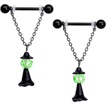 Load image into Gallery viewer, 14G 11/16 Green Gem Black Witch Halloween Dangle Nipple Ring Set