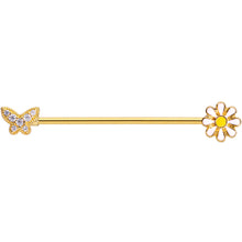 Load image into Gallery viewer, 14G Clear Gem Gold Tone Butterfly Daisy `Industrial Barbell 38mm