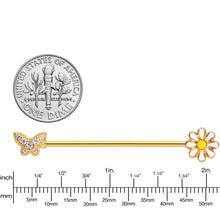 Load image into Gallery viewer, 14G Clear Gem Gold Tone Butterfly Daisy `Industrial Barbell 38mm
