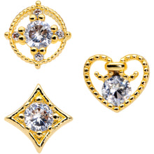 Load image into Gallery viewer, 20G 1/4 Clear CZ Gem Gold Tone Circle Heart Nose Bone Set of 3