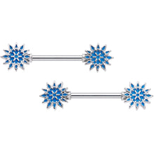 Load image into Gallery viewer, 14G 9/16 Blue Winter Snowflake Christmas Barbell Nipple Ring Set