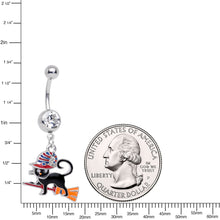 Load image into Gallery viewer, Clear Gem Witch Cat Broom Halloween Dangle Belly Ring