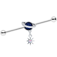 Load image into Gallery viewer, 14G Aurora Blue Gem Saturn Star Dangle Industrial Barbell 38mm
