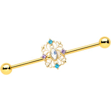 Load image into Gallery viewer, 14G White Synthetic Opal Gold Tone Web Industrial Barbell 38mm