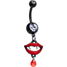 Load image into Gallery viewer, Clear Red Gem Black Vampire Fang Halloween Dangle Belly Ring Set of 2