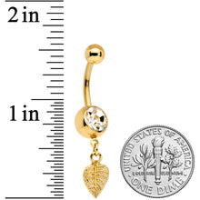 Load image into Gallery viewer, Clear Gem Gold Tone Autumn Textured Leaf Dangle Belly Ring