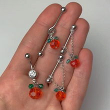 Load image into Gallery viewer, 14G 5/8 Green Orange Gem Pumpkin Halloween Dangle Nipple Ring Set