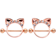 Load image into Gallery viewer, 14G 9/16 Clear Gem Rose Gold Hue Kitty Cat Ears Nipple Shield Set