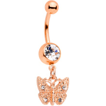 Load image into Gallery viewer, Rose Gold Tone Clear Gem Baroque Butterfly Dangle Belly Ring