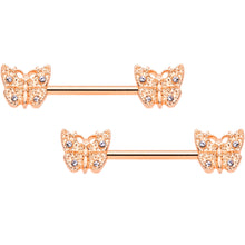 Load image into Gallery viewer, 14G 9/16 Clear Gem Rose Gold Tone Butterfly Nipple Ring Set