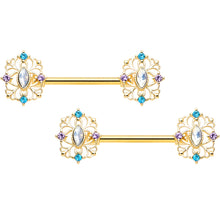 Load image into Gallery viewer, 14G 9/16 White Synth Opal Gold Tone Web Barbell Nipple Ring Set