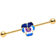 Load image into Gallery viewer, 14G Clear Gem Gold Hue Blue Spring Flower Industrial Barbell 38mm