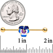 Load image into Gallery viewer, 14G Clear Gem Gold Hue Blue Spring Flower Industrial Barbell 38mm