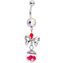 Load image into Gallery viewer, Aurora Red Gem Snow Globe Bow Christmas Dangle Belly Ring
