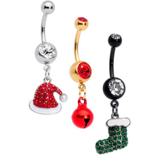 Load image into Gallery viewer, Red Green Gem Stocking Santa Cap Christmas Dangle Belly Ring Set of 3