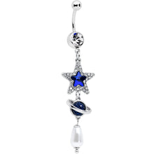 Load image into Gallery viewer, Clear Blue Gem Star Saturn Pearlescent Dangle Belly Ring