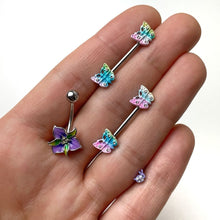 Load image into Gallery viewer, 14G 9/16 Clear Gem Baroque Rainbow Butterfly Nipple Ring Set