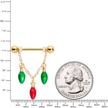 Load image into Gallery viewer, 14G 9/16 Gold Tone Bulb Christmas Chain Dangle Nipple Ring Set
