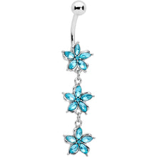 Load image into Gallery viewer, Aqua Gem Flower Trio Dangle Belly Ring