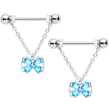 Load image into Gallery viewer, 14G 11/16 Aqua CZ Gem Beauty Bow Chain Dangle Nipple Ring Set